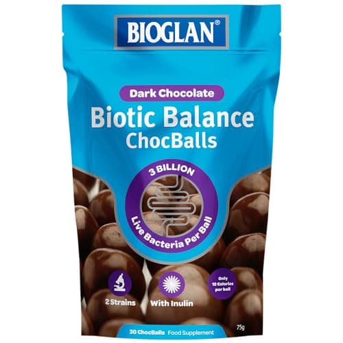 Image of Bioglan Biotic Balance Dark Choc Balls, 3 Billion CFU Probiotic, live cultures wrapped in delicious dark chocolate, contains Lactobacillus Rosell, Bifodobacterium Rosell, & Inulin. – 30 balls