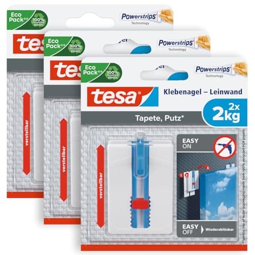 Image of tesa® Adhesive Nails for Fixing Canvas and Frames to Wallpaper and Plaster - Pack of 3 - Adjustable Height - Adhesion Up to 2 kg / Nail - Remove Streak Free - White - 3 x 2 Nails