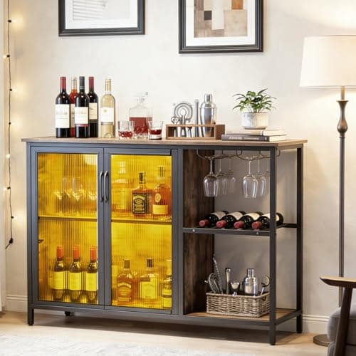 Image of COSTWAY Buffet Sideboard with Power Outlets & RGB LED Lights, Wooden Storage Cabinet with Glass Holders, Wine Racks & Anti-tipping Kits, Industrial Wine Bar Cabinet for Kitchen Dining Living Room
