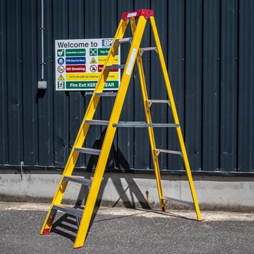 Image of Trade Master Pro® Fibreglass Swingback Step Ladder | Electricians Ladder | Non Conductive up to 30,000V | Non-Slip Feet | Painting & Decorating | EN131 Pro Certified | 2.17m Height | 8 Steps