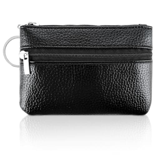 Image of Coin Purse Teaaha Genuine Leather Zip Top Change Pouch with Zip Key Ring Portable Coin Pocket Wallet for Women Men Kids Credit Card Id Key Headset Lipstick (Black)