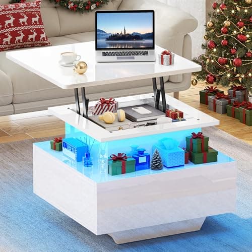 Image of YITAHOME Coffee Table with Lift Top,60x60x45cm, High Glossy Lift up Coffee Table with LED Light String and 2 Drawers, Modern Wooden Square Tea Table for Living Room