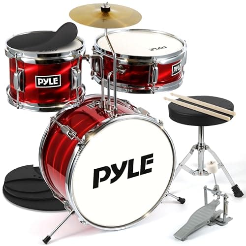 Image of Pyle Kids Drum Kit, 3 Piece- Junior Drum Kit, Kids Drum Set- Age 5-7, With Wooden Shells, Bass & Foot Pedal, Snare, Tom, Cymbal Includes Adjustable Padded Seat & Pair of Lightweight Drumsticks