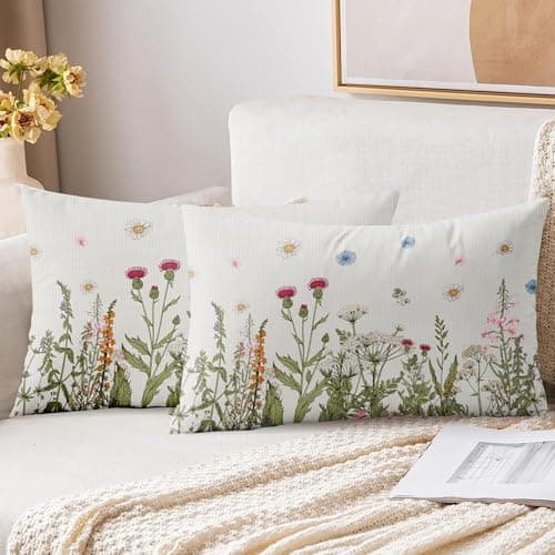 Image of XPHZZL Cushion Covers Set of 2 Pack 30 x 50 cm - Soft Colored Wildflowers Pattern Decorative Rectangle Cushion Covers for Sofa Bed Garden Outdoor Spring Decor with Invisible Zipper 12 x 20 Inch