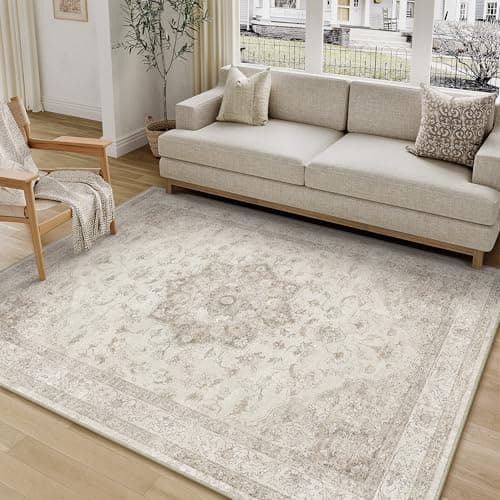 Image of PureCozy Vintage Washable Beige Rugs Living Room Area Rug 120x170cm Bedroom Large Non Slip Soft Carpet Kitchen Bedroom Dining Room Office Indoor Low Pile Carpets