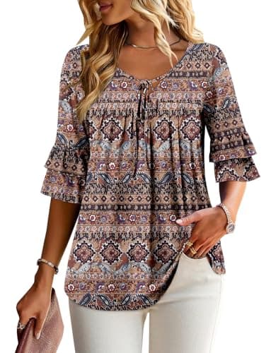 Image of KISSMODA Womens Crew Neck Tied Blouses Double Tiered Ruffle 3/4 Sleeves Shirts Pleated Cute Tunic Tops Fashion Flowy Outfits