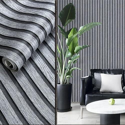 Image of Swehooirt Wood Slat Wallpaper Dark Grey Modern Oak Grain Wallpaper Wooden Slats Wall Panel for Walls Wood Effect Stripe Wall Panelling Wallpapers for Bedroom Living Room Hallway