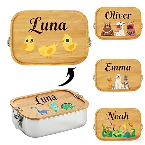 Image of AuraWeave Personalised Stainless Steel Lunch Box with Bamboo Lid, 1200ml, Compartmentalized Bamboo Lunch Box for Kids, Custom Name & Animal Design, Reusable Eco-Friendly Gift for School & Picnics