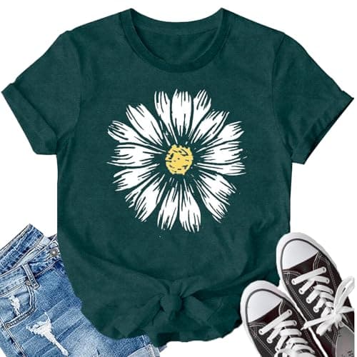 Image of SUWATOIN Daisy T Shirts for Women Flower Graphic Shirt Faith Inspirational Tshirt Basic Tees Tops DarkGreen