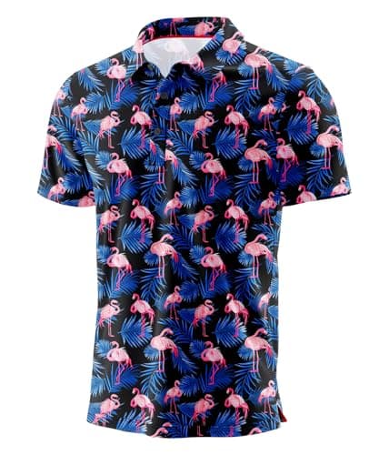 Image of QIXING Mens Golf Polo T Shirts for Men UK Tops (Black Flamingo, L)