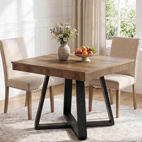 Image of Tribesigns Dining Table, 80 * 80 * 75cm, Industrial Wood Kitchen Table with Sturdy Metal X-Base, Small Dining Room Table for Dining Room, Apartment, Breakfast Nook & Small Spaces (Brown & Black)