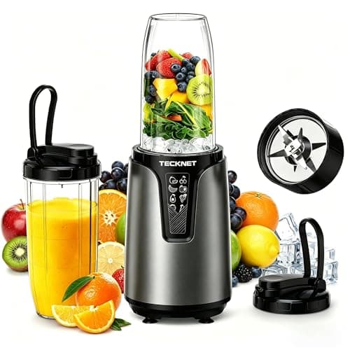 Image of TECKNET Personal Blender Smoothie Maker, 1000W Powerful 25,000PRM, Blends Frozen Fruit & Ice, 2x600ml Portable Travel Cups with Spout Lids & Handled Ring, Makes Smoothies & Juice, Grey