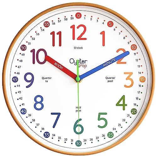 Image of Oyster&Pop Kids Clock - Silent 10" Award-Winning Learning Clock for Kids - Learn to Tell the Time - Non-Ticking Children’s Wall Clocks for Bedrooms & Classrooms - with Teaching Time eBook