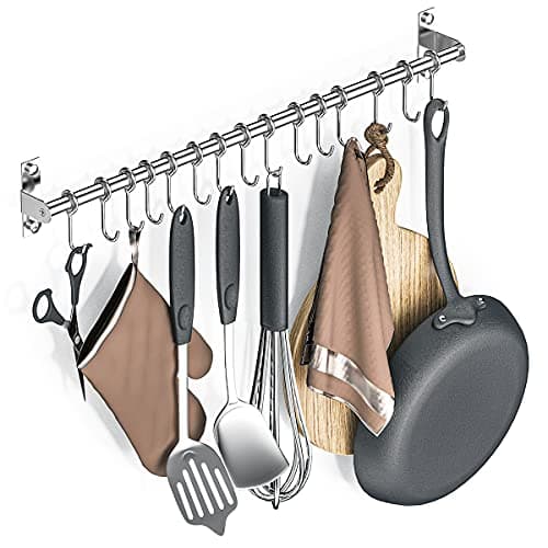Image of Booxihome Stainless Steel Hanging Utensil Rack Wall Mounted, 12 Hooks, Self Adhesive, 60cm…
