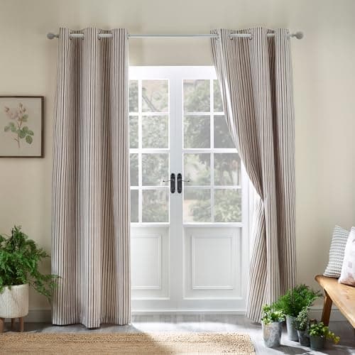 Image of Catherine Lansfield Logan Stripe 46x54 Inch Lined Eyelet Curtains Two Panels Natural
