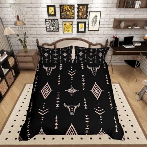 Image of Homewish Western Cow King Size Duvet Cover Set for Teens Adults - Aztec Bohemian Bedding Set with 2 Pillowcases - Ethnic Geometric Symbol Pattern Quilt Cover All Season Microfibre Bed Sets