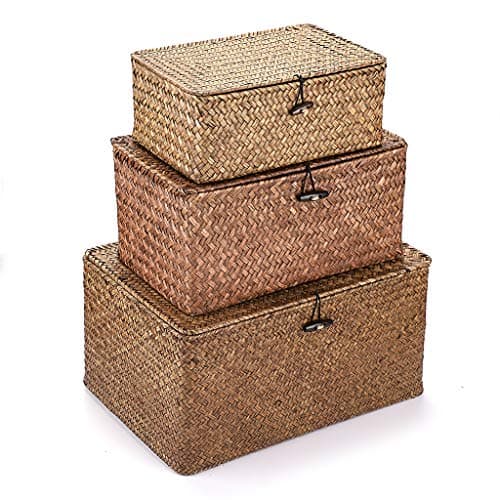 Image of IGNPION Set of 3 Seagrass Lidded Storage Baskets Handwoven Shelf Storage Baskets Decorative Hamper Stakable Toy Organizer Box Natural Woven Multipurpose Organiser Container (Rectangular, Coffee)