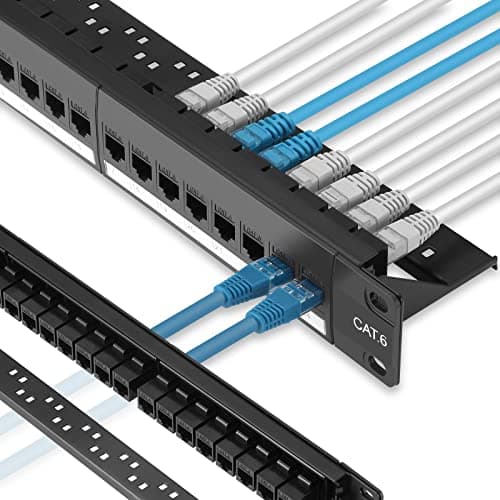 Image of Patch Panel 24 Port Cat6 with Inline Keystone 10G Support, Rapink Pass-Thru Coupler Patch Panel UTP 19-Inch with Removable Back Bar, 1U Network Patch Panel for Cat6, Cat5e, Cat5 Cabling