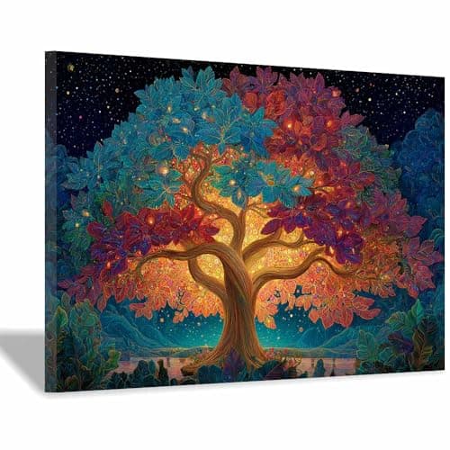 Image of XENIOU Tree Canvas Wall Art Glowing Tree Night Art art prints, decorative paintings, for Living Room Bedroom Office Home Wall Decor.(Multicolor)-70x100cm Framed