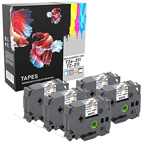 Image of 5 Compatible TZe-211 TZ-211 Black on White 6mm x 8m Label Tapes for PT-1000 1005 1010 3600 9600 D200 D210 D210VP D400 D450VP D600VP E100 E550WVP H101C H105 H110 H300 H500 P700 P750W