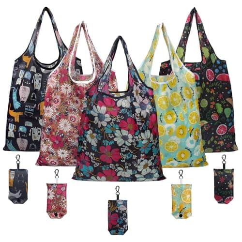 Image of IKR 5PCS Reusable Shopping Bags, Eco Foldable Grocery Bags Washable Grocery Bag with Attached Pouch Waterproof Polyester Shopping Cloth Tote Easter Tote Bags for Daily Travel Picnic (Multicolor-01)