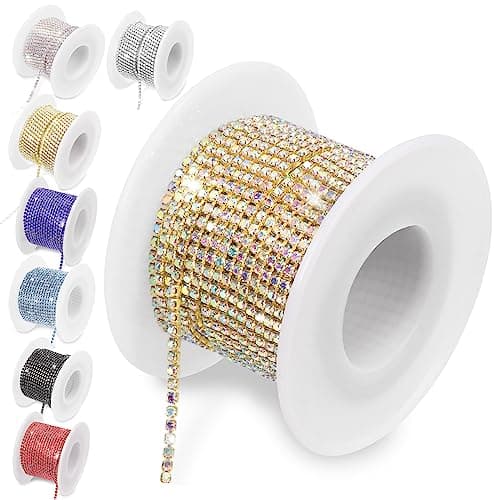 Image of Keadic Crystal Rhinestone Close Chain & Cup Chain Roll - 10 Yards, 2 MM, Gold Base + Crystal AB for Wedding Party Jewelry DIY Decoration