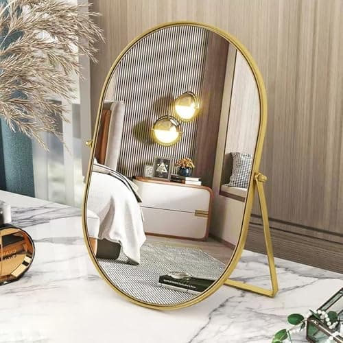 Image of Oval Gold Table Mirror with Metal Frame - Portable Single-Sided Swivel Tabletop High-Definition Countertop Display with Stand for Vanity Dresser Living Room Bedroom Office