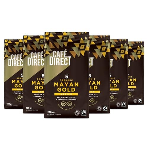 Image of Cafedirect Mayan Gold Organic Ground Coffee – Smooth Dark Roast with Caramel Sweetness, Fairtrade Arabica from Mexico 200g (Pack of 6 - 1.2kg total)