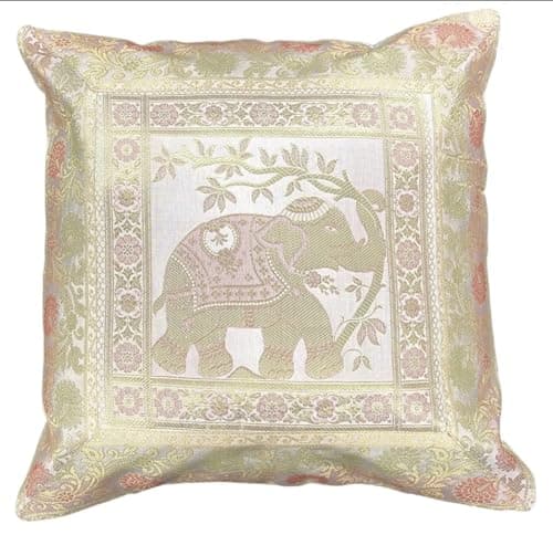 Image of Original Kikan Indian Elephant Mandala Silk Cushion Covers Sari Brocade Boho Home Decor Cushion- Pillow Cases 16”x16” Zip Closure Banarsi | Ethnic - Handmade - Patchwork (White)