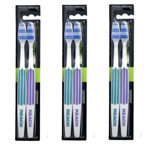 Image of REACH Essential Care Interdental Medium Toothbrush, Duo Pack x 3, Full Head Hard Bristle Manual Toothbrushes, Variety Colors Multipack, Daily Oral Enamel Dental Care