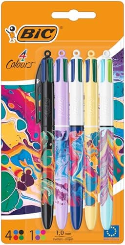 Image of BIC 4 Colours Pens All In One, Multi Coloured Pens All In One, Retractable Ballpoint Pens, Medium 1.0mm, Green, Blue, Red, Black, 5 Pens Per Pack, 1 Pack