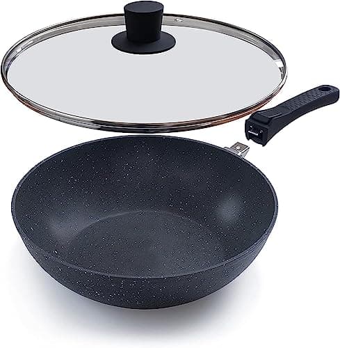 Image of nuovva Non-Stick Wok Pan with Glass Lid– Deep Stir Fry Pan with Induction Base – 28cm Frying Pan with Detachable Handle