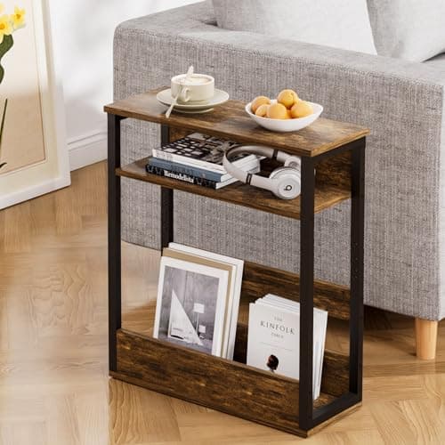 Image of Levede Vintage Side Table with Storage Shelf, 3-Tier Modern End Table for Narrow Spaces, 55cm Height Small Nightstand with Magazine Rack, Brown