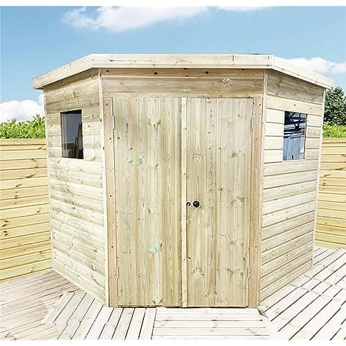Image of INSTALL INCLUDED 9 x 9 CORNER Pressure Treated Wooden Workshop/Garden Shed + Windows + Lock (9' x 9' / 9ft x 9ft) (9x9)
