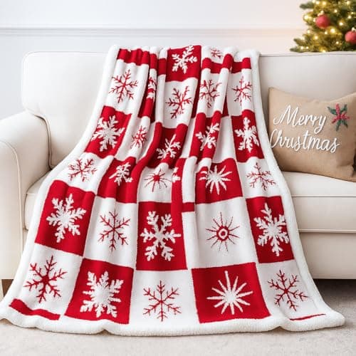 Image of EAQ Sherpa Christmas Blanket, Fleece Blanket for Adults, Soft Thick Tleece Throw Blanket Fluffy Blanket Christmas Throw for Sofa, Bed and Couch (Snowflake Red, 152x203cm)