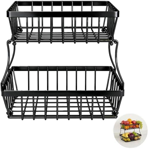 Image of 2 Tier Fruit Basket, Countertop Vegetable Storage Rack, Stackable & Detachable Standing Storage Rack, Carbon Steel Metal Basket with Open Design, 11.8 x 11.8 x 7.1 in
