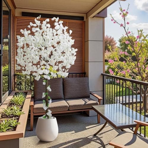 Image of HZXGCP Artificial Cherry Blossom Tree,6FT Tall Fake Plant with White Pot,Faux Potted Silk Plant for Home, Office, Wedding, Garden, Party, Hotel Decoration