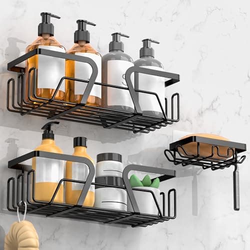 Image of KEGII 3-Piece Shower Caddy & Soap Holder Set - Adhesive Shower Shelf Stainless Steel Bathroom Shelf, No Drilling, Black