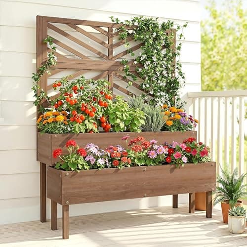 Image of Yaheetech 2-Tier Solid Fir Wood Raised Garden Bed with Trellis for Climbing Plants, Self-Draining Planter with Drainage Holes for Garden, Porch, Balcony, Lawn, Patio Dark Brown