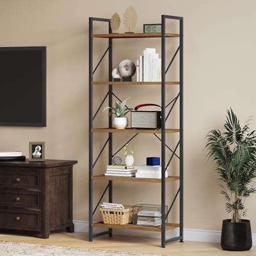 Image of YITAHOME Bookcase 5 Tiers, Floor Standing Book Shelf, Wooden Shelf and Metal Frame Book Rack, Display Storage Rack Shelving Units for Living Room, Home Office - Rustic Brown Bookshelf