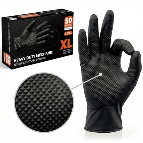 Image of The Real Touch Nitrile Gloves, 50 Count, Heavy-Duty Disposable Mechanic Gloves, Diamond Textured, Latex & Powder-Free, Non-Slip, Extra Thick, Ideal for Automotive, Industrial Tasks (Black - 50, XL)