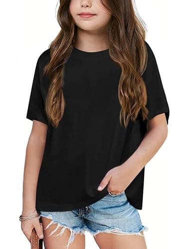 Image of Haloumoning Girls' T-Shirt Short Sleeve Summer Leisure Loose Shirts Kids Cotton Crew Neck Plain Basic Tops, Black, 10-12 Years