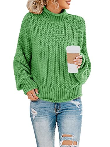 Image of Saodimallsu Women's Rollneck Pullover, Oversized Batwing Long Sleeve Sweatshirt, Loose Chunky Knit Casual Sweater, light green, S