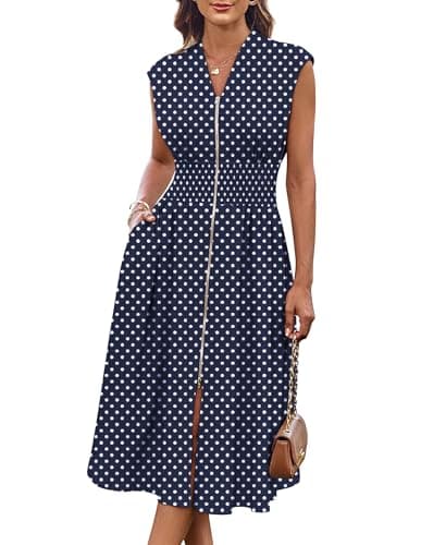 Image of GRACE KARIN Womens Summer Flowy Midi Dress Cocktail Prom Polka Dot Wrap Smocked Dresses Navy Polka Dots M