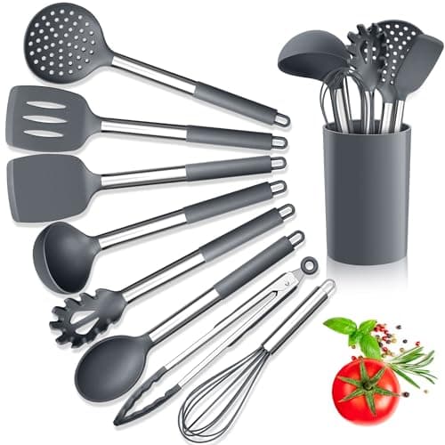 Image of Herogo Kitchen Utensils Set, 9-Piece Silicone Cooking Utensil with Stainless Steel Handle, Heat Resistant Kitchen Cooking Spatula Turner Spoon with Holder, Non-Stick, Easy to Clean - Grey
