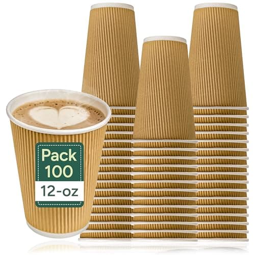 Image of Zuvo 100 x Kraft 12 Ounce Ripple 3 Ply Disposable Insulated Paper Cups for Tea Coffee Cappuccino Hot Drinks, Brown