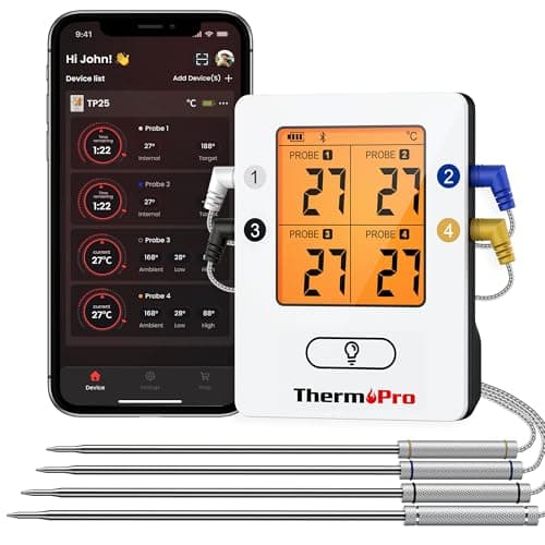 Image of ThermoPro TempPro TP25 Bluetooth Meat Thermometer with 4 Temperature Probes Smart Wireless Digital Cooking Food Barbecue for Grilling Smart Oven Thermometer Rechargeable Smoker