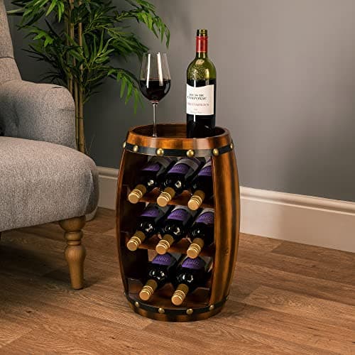 Image of CHRISTOW Wooden Wine Rack Barrel, Free Standing With Top, 8 Bottle Holder, Oak Effect Storage, Gift For Wine Lover, H50cm