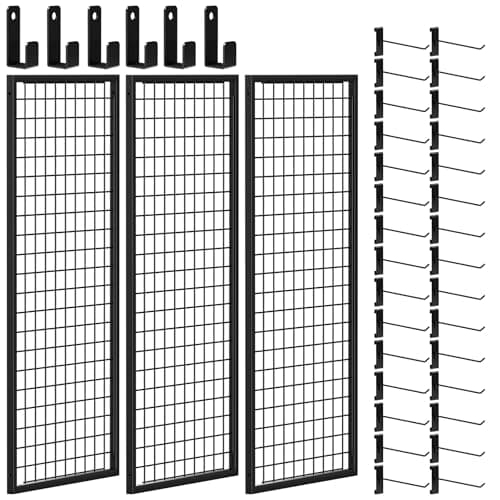 Image of Atingde 3pcs Wall Grid Panel, with 30 Hooks, 86 * 21in Hanging Photo Metal Display Shelf, Mesh Tool Organiser, Memo Board and Photo Wall, for Decor & Storage, Office & Kitchen Decor