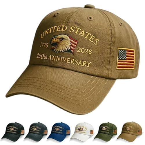 Image of Baseball Cap for Men Cotton One Size, Cotton Embroidered Casual Baseball Cap, Adjustable America Eagle Hat, US 250th Anniversaries Hat, Unisex(Khaki)